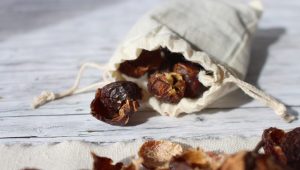 Soap nuts in a cloth bag. 