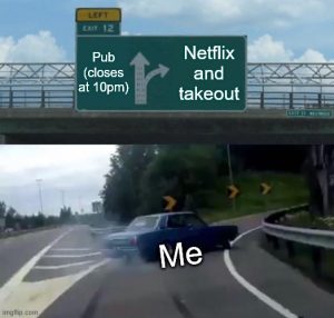 A car driving along a motorway with two signs ahead. Straight on to the pub that closes at 10pm or turn right for Netflix and takeout, the car is swerving to the right