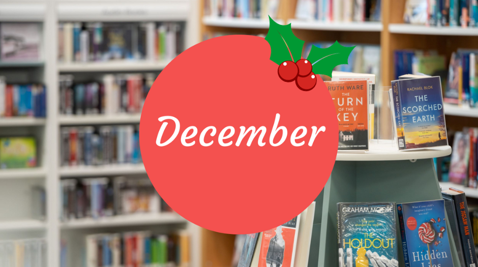 'December' shelves of library books in the background.