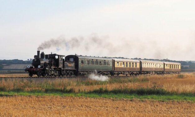 A steam train and carriages steaming through the countryside