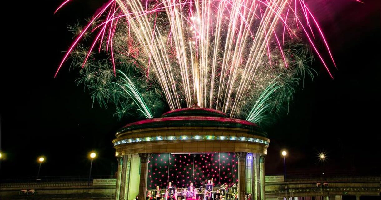 band stand and fireworks