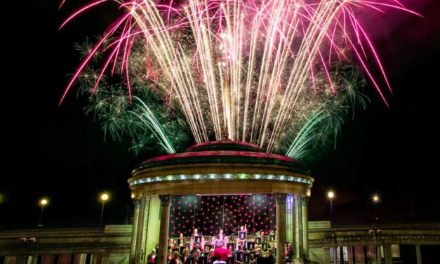 band stand and fireworks
