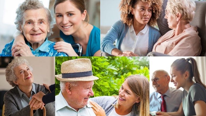 a collage of people of different ages acting in a caring way as personal assistants