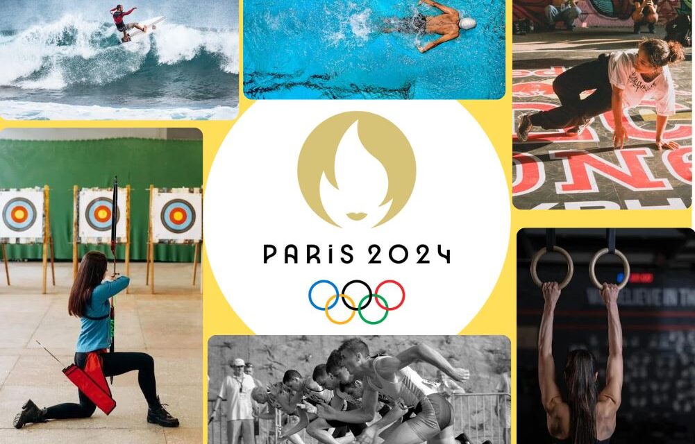 Paris 2024 logo with different olympic sports placed around it