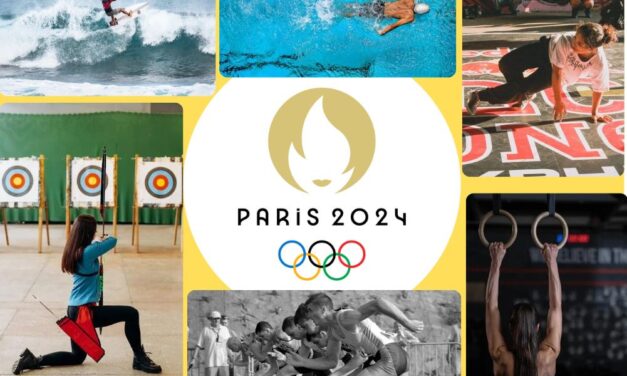 Paris 2024 logo with different olympic sports placed around it