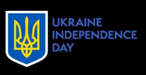 blue and yellow logo on a black background. Text reads Ukraine independence day