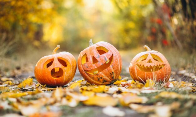 three carved Halloween pumpkins on a path with autumn leaves