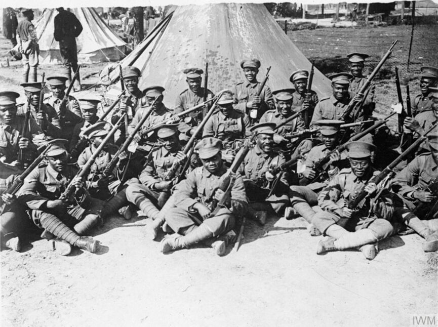 A photograph taken in 1916 of troops of the West Indies Regiment in camp on the Albert - Amiens road in France.