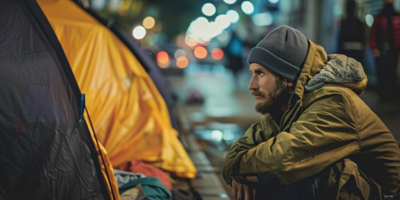 Homeless man rough sleeping on the streets with a tent.