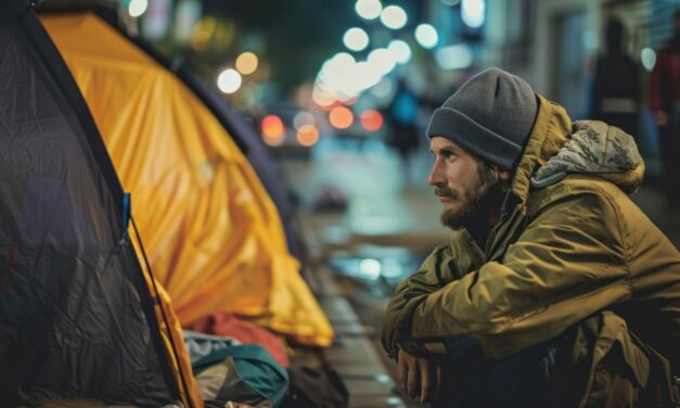 Homeless man rough sleeping on the streets with a tent.