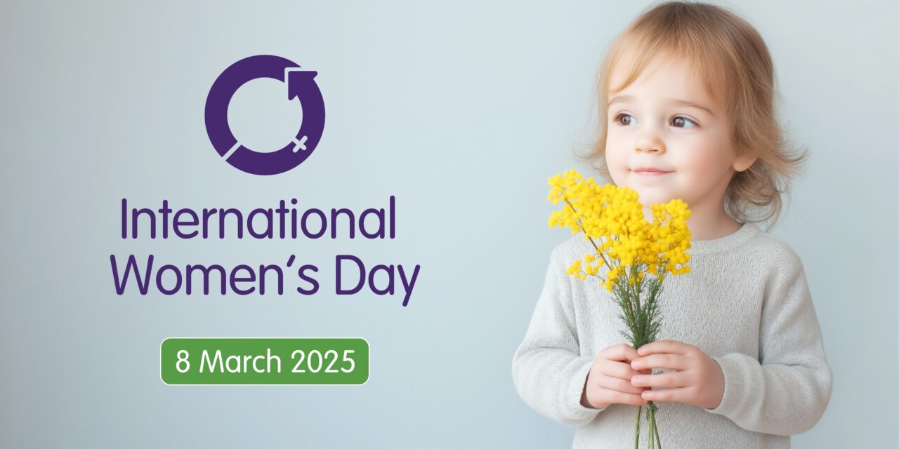 International Women's Day 2025 graphic. Photo of a young girl holding flowers.