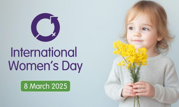 International Women's Day 2025 graphic. Photo of a young girl holding flowers.