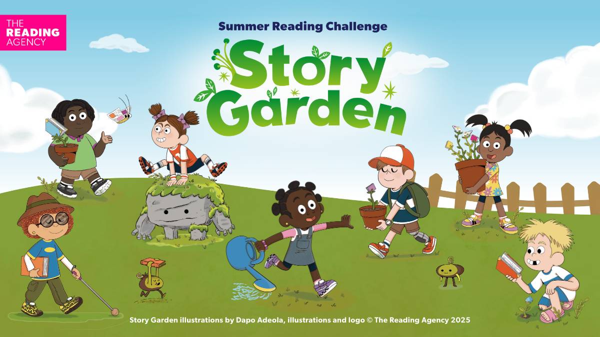 Summer Reading Challenge 2025 graphic shows illustrations of children playing in the garden, including a little boy who is blind and a young person watering the grass.