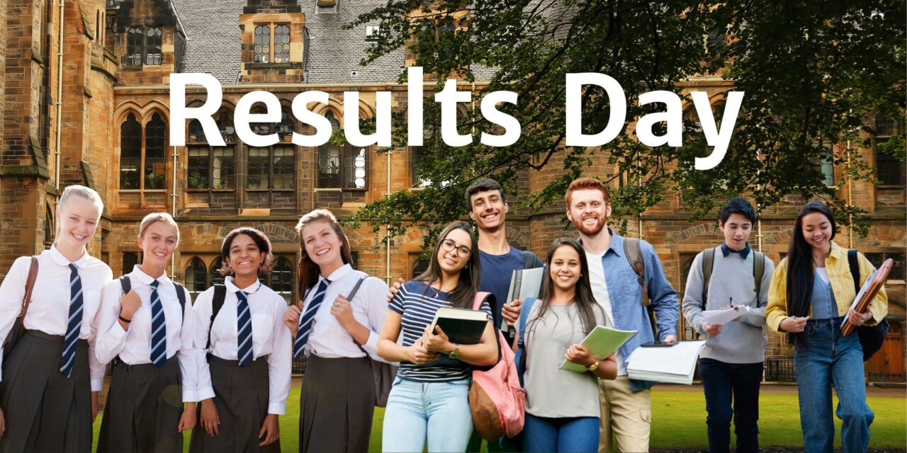 pupils and student stand in front of a school. text reads Results Day