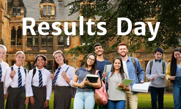 pupils and student stand in front of a school. text reads Results Day