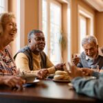 A group of mature friends are smiling and socialising around a table together