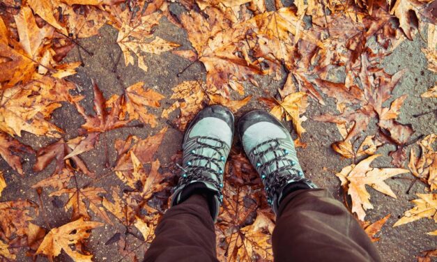 walking boots and autumn leaves