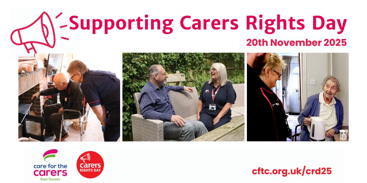 three images of JCR support workers with residents. text reads supporting carers rights day