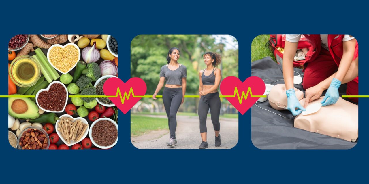 three images showing healthy food, two people walking and a people performing CPR