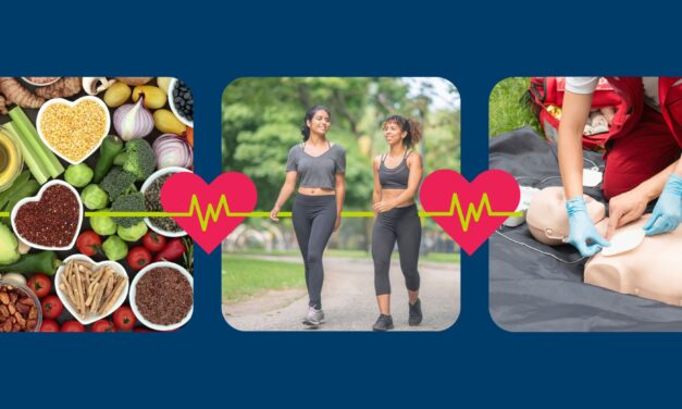 three images showing healthy food, two people walking and a people performing CPR