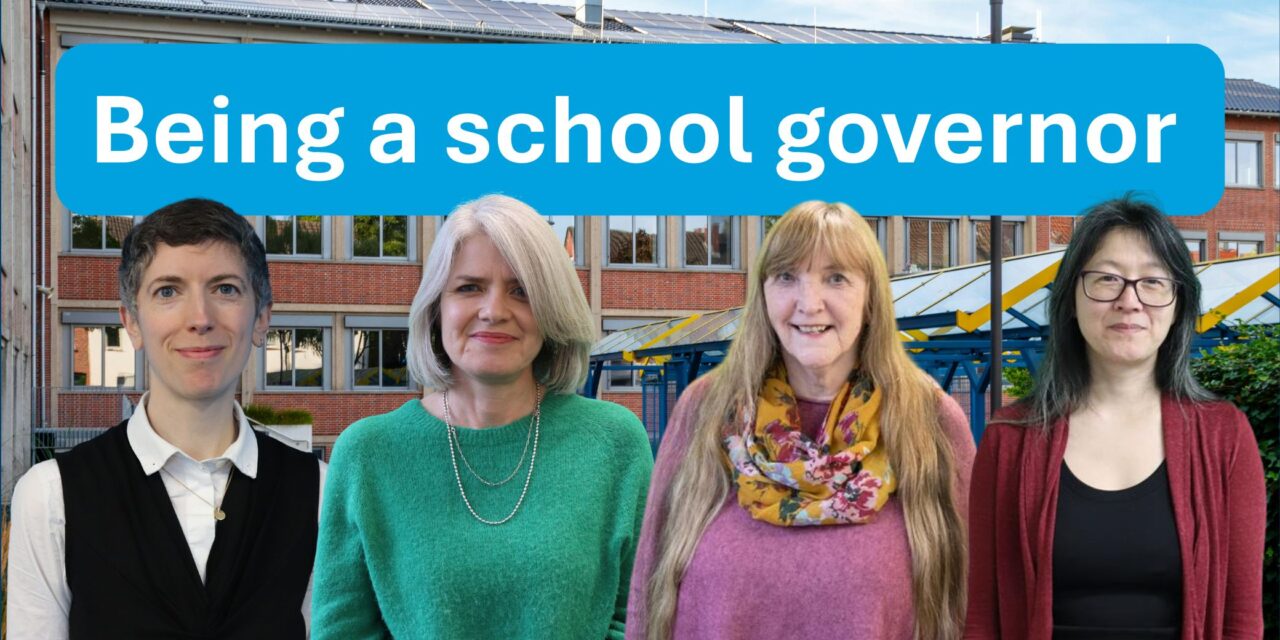 a school in the background with four people standing in front of it. text reads being a school governor