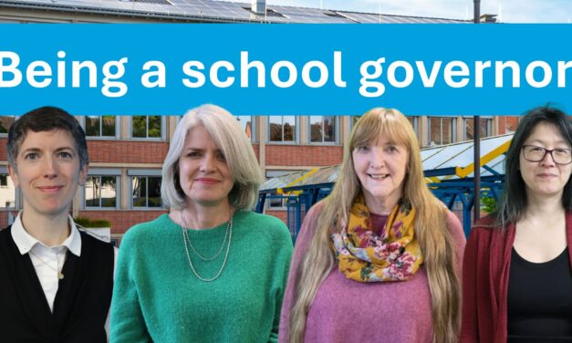 a school in the background with four people standing in front of it. text reads being a school governor